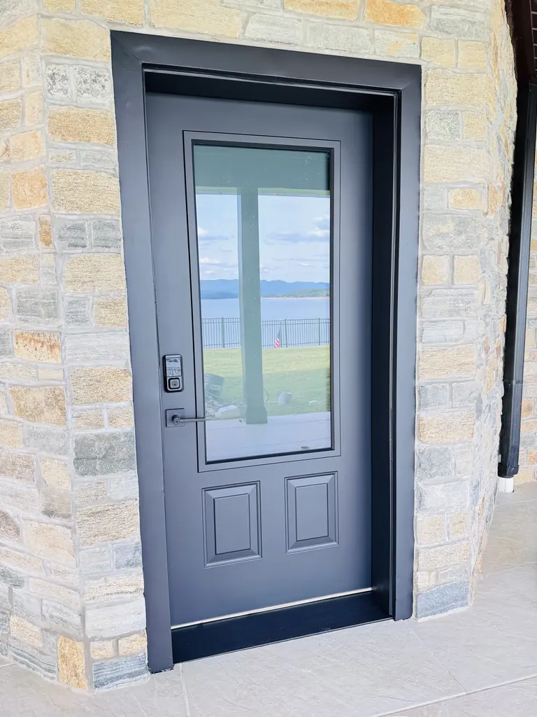 Front door painted dark gray